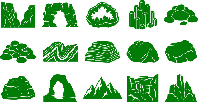 Geological rock formation silhouettes collection featuring arches cliffs and boulder shapes in a nature bundle