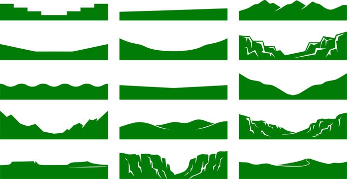 Natural landscape horizon silhouette collection featuring mountains valleys and diverse terrain shapes for backgrounds