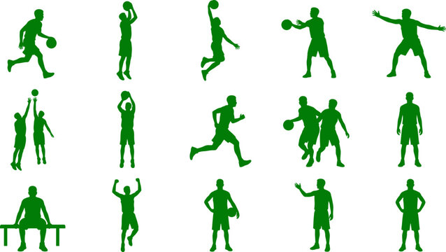 Athletic basketball player silhouette pack performing dribbling shooting and dunking actions on the court