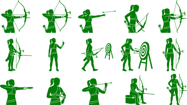 Comprehensive bundle of female archer silhouettes practicing bow and arrow shooting at targets