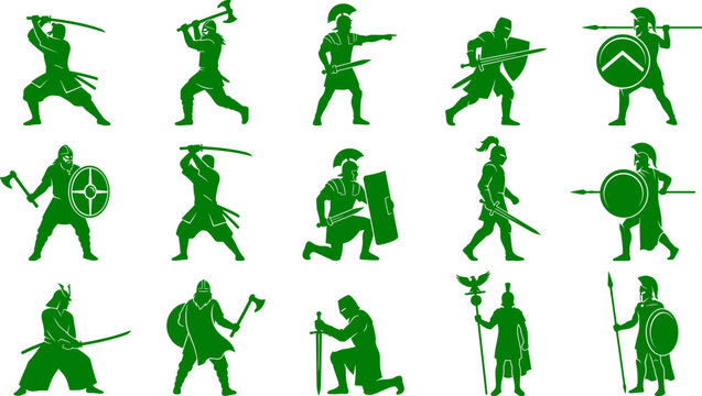 Historical warrior and ancient soldier silhouette bundle featuring samurai vikings and roman legionnaires
