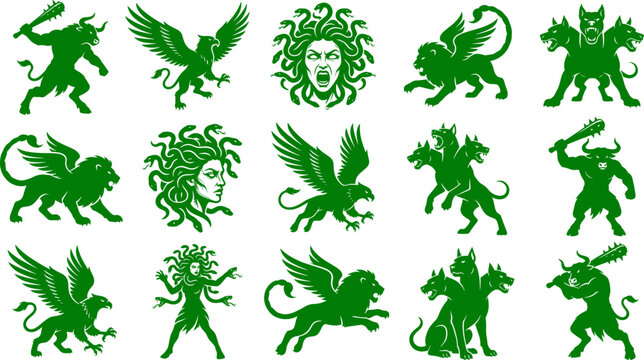 Ancient mythological creature silhouette set including medusa minotaur griffin and cerberus figures