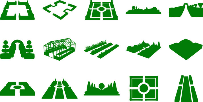 Formal garden landscape set featuring hedge mazes topiary designs and greenhouse structure layouts