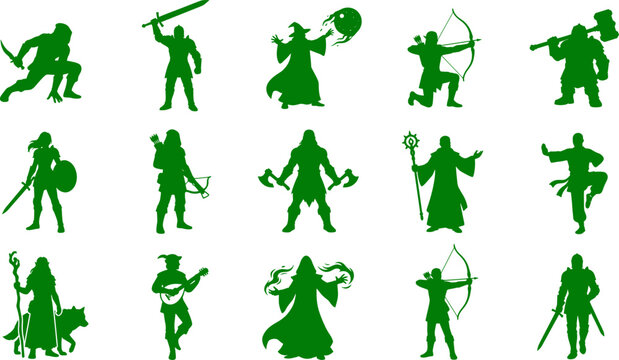 Fantasy role playing game character set including wizard knight and archer silhouettes