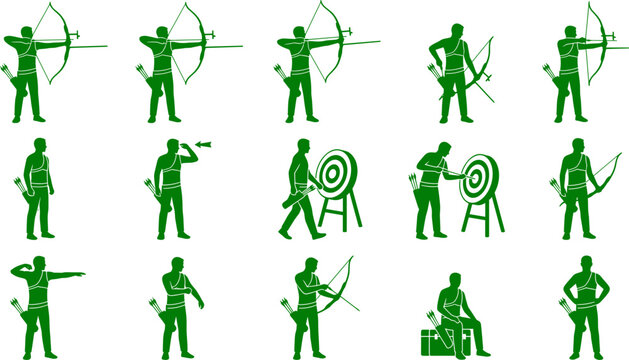 Traditional archery athlete set demonstrating bow shooting poses and target practice actions