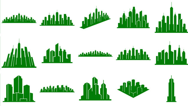 Metropolitan city skyline set showing green skyscraper silhouettes for global business and international travel graphics