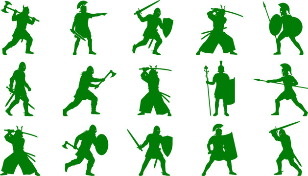 Green ancient warrior silhouette collection showing various historical soldiers like samurai knights and gladiators