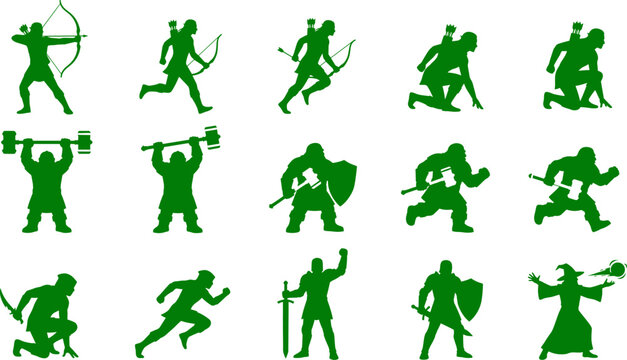 Green fantasy character silhouette collection showing various dwarves and warriors for gaming and adventure stories
