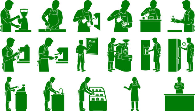 Commercial pack of green barista silhouettes preparing coffee and serving customers in a cafe
