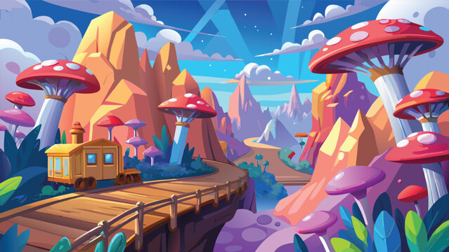 Whimsical train travels through a surreal landscape with giant mushrooms under a starry sky vector illustration