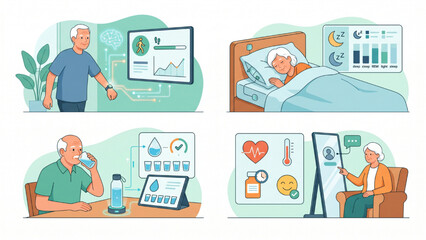 Obraz premium Smart Home Aging Population AI Powered Wellness Monitoring System Tracking Activity Levels Sleep Quality Hydration and Health Insights for Seniors Vector Illustration