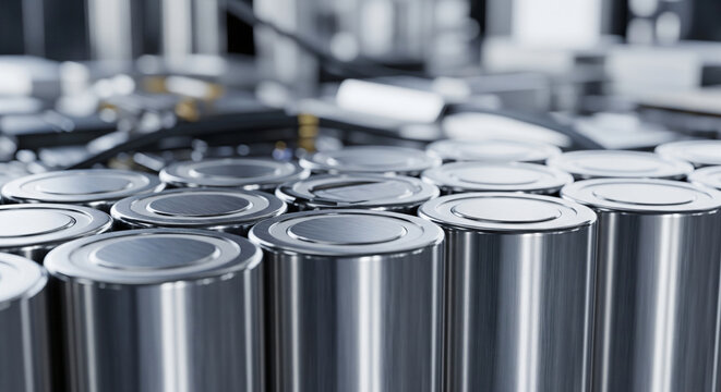 3D rendering lithium ion battery in factory, Li-Ion batteries supply manufacturing line for electric vehicle (EV) concept, technology illustration background