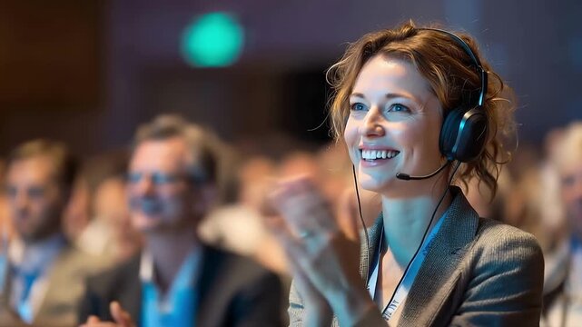 Smiling businesswoman wearing headset applauds during international conference, inspired by presentation, with blurred audience in background, showing success, communication and corporate event