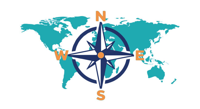 Navigation compass on world map background