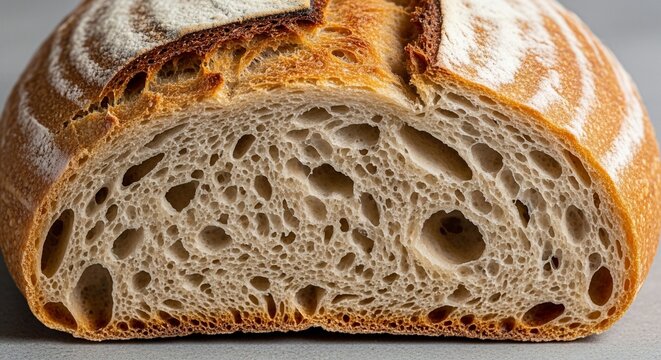 Close-up of a fresh, homemade sourdough bread loaf cut in half, revealing its airy, open crumb texture and golden-brown crust on a gray surface.