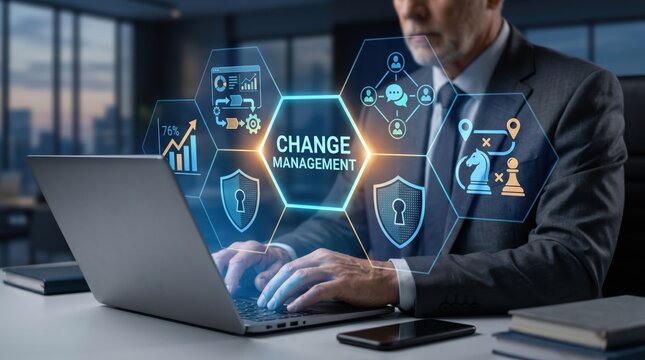 Businessman typing with change management hologram, corporate strategy, organizational transformation, leadership development, team collaboration, security protection