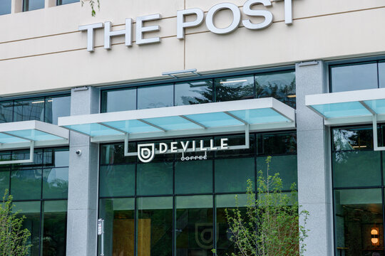 The Post building entrance with Deville Coffee canopy