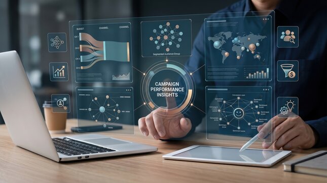 Businessman analyzing campaign performance insights on futuristic holographic interface, digital marketing data visualization and strategy planning concept.