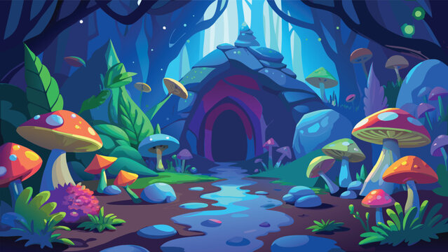 Enchanted forest path with glowing mushrooms leading to a mystical cave entrance in twilight