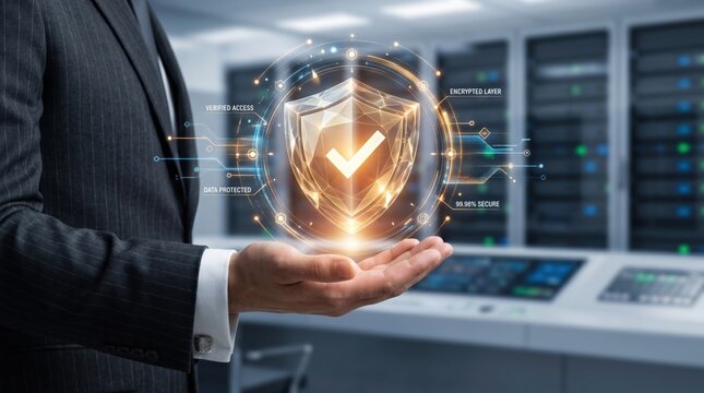 Cybersecurity concept with glowing shield icon protecting data, encryption technology and verified access in server room background for network security.