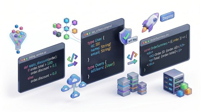 Software development workflow illustration, API integration with cloud servers, coding screens showing GraphQL schema and Python logic, deployment process with rocket icon