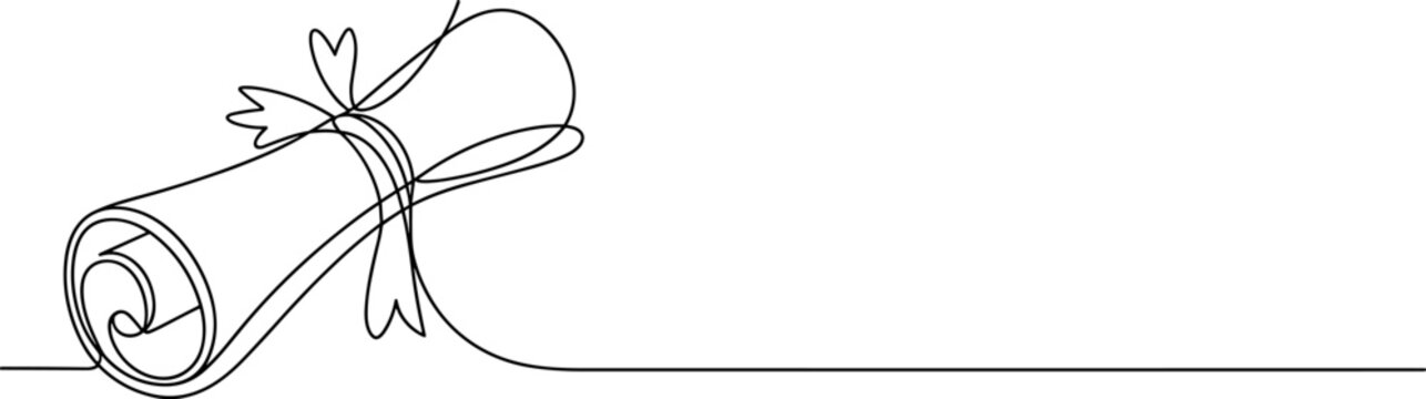 Diploma Scroll: A minimalist, single-line drawing depicts a rolled diploma or certificate, tied with a ribbon, symbolizing education and achievement.