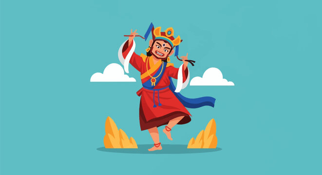 Vector illustration of a traditional Bhutanese dancer performing a Cham mask dance, wearing a red and blue robe with an ornate crown against a minimalist blue sky background.