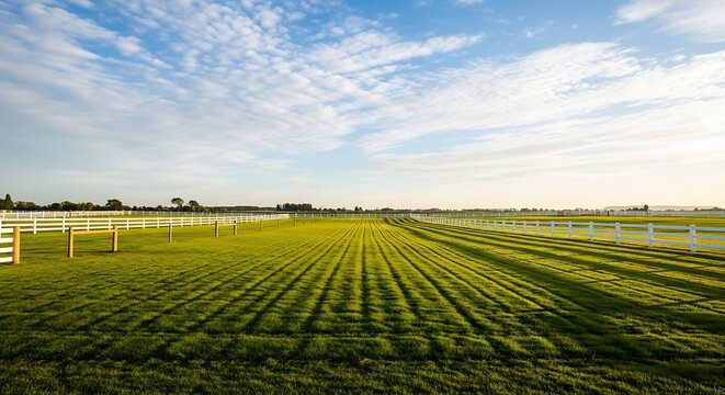 Beautiful green grass pasture on a horse ranch with white wooden fences under a blue sky