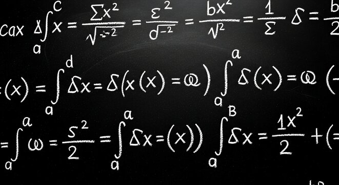 Complex mathematical equations written in chalk on a black chalkboard background for education