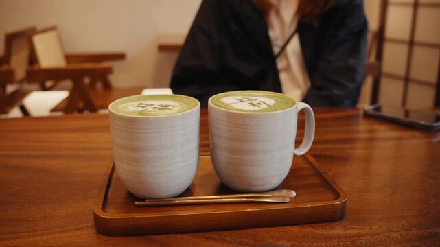 Waitress serving two matcha latte coffees in a cafe