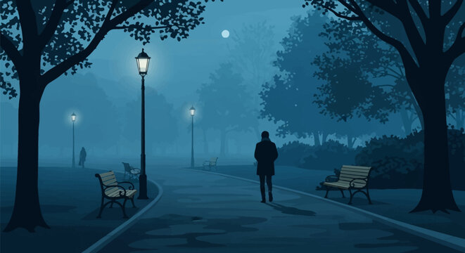 Vector illustration of a lone man walking on a park pathway at night in thick fog, featuring glowing street lamps, wooden benches, and silhouettes of trees under a visible moon.