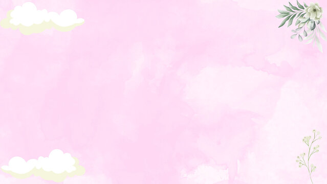 Soft pink background with subtle clouds and corner leaves