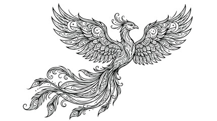 Fototapeta premium Intricate phoenix bird line art, mythical firebird with decorative feathers, hand drawn zentangle style phoenix vector illustration for coloring book