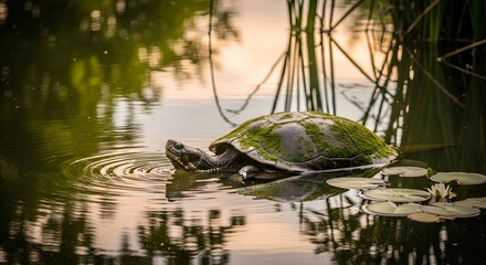 Fototapeta premium Turtle swimming in tranquil pond at sunset, nature scene