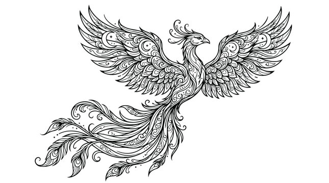Intricate phoenix bird line art, mythical firebird with decorative feathers, hand drawn zentangle style phoenix vector illustration for coloring book