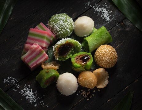 Colorful Indonesian Traditional Kue and Jajanan Pasar Macro Flat Lay with Klepon Onde-Onde and Kue Lapis 2