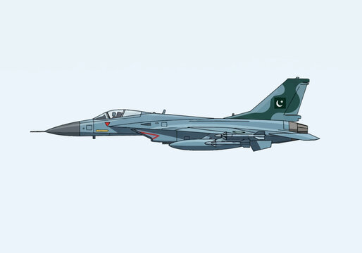 Side view illustration of a Pakistani military fighter jet aircraft in flight, featuring gray camouflage, the national flag on the tail fin, and air-to-air missiles underwing.