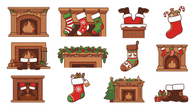 Christmas stockings and fireplaces icons.
