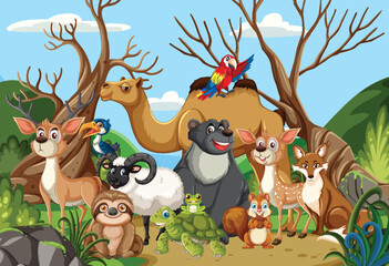 Fototapeta premium Group of Cartoon Forest and Desert Animals in Nature
