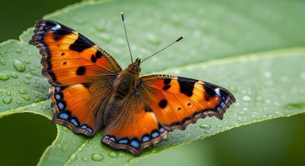 Naklejka premium Orange Butterfly Resting on a Green Leaf with Raindrops