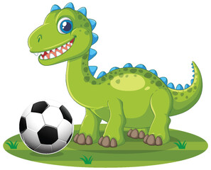 Fototapeta premium Cute Green Cartoon Dinosaur Standing Next to a Soccer Ball