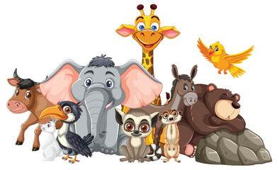 Fototapeta premium Group of Cartoon Wild Animals in Colorful Vector Style
