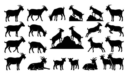 Seamless silhouette pattern of goats and kids in various poses on white background © SobujChandra