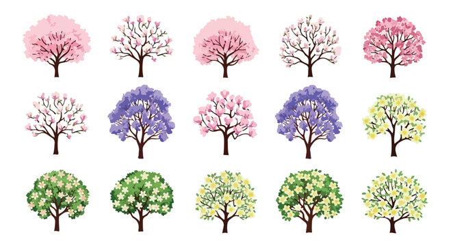 Blooming spring trees collection, set of 15 flowering tree vectors, cherry blossom and jacaranda garden plants, pink and purple floral nature elements