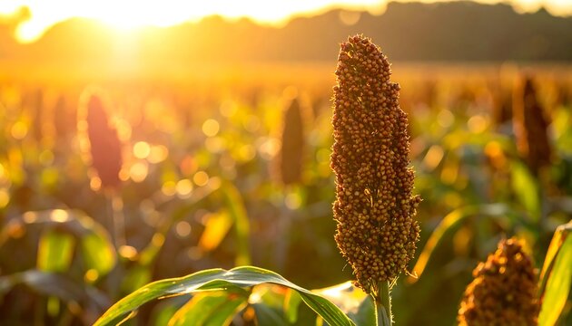 Close up of sorghum plant at sunset with golden sunlight and copy space