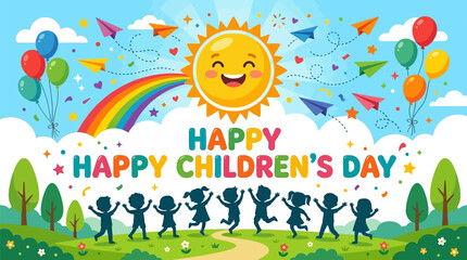 Naklejka premium Happy childrens day celebration banner with cute smiling sun, rainbow, colorful balloons, paper planes, and happy children silhouettes on a landscape