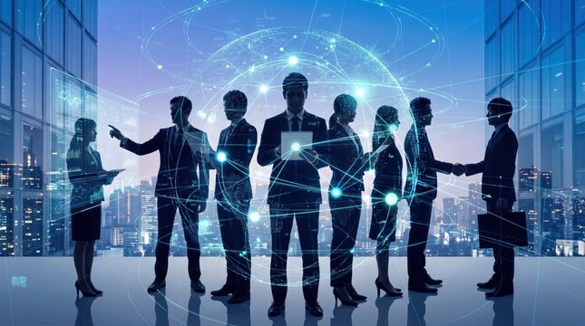 Business team collaborating with digital network, global connectivity