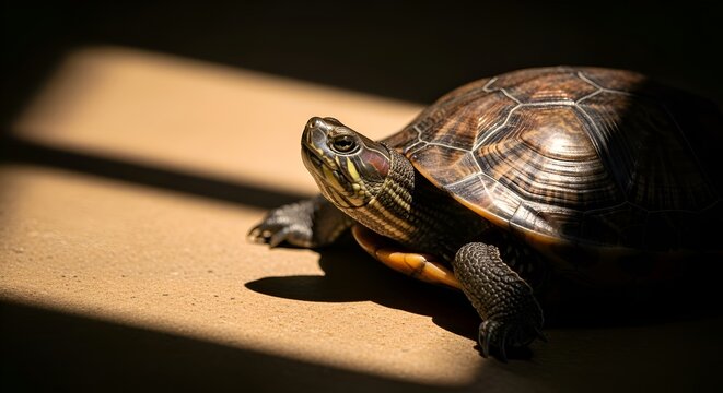 Sunlight illuminates a detailed turtle at edge in bright shadow