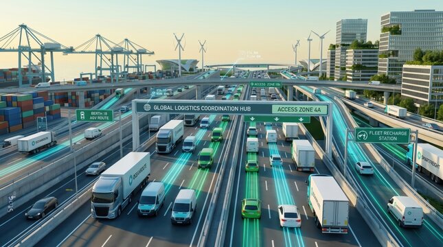 Futuristic global logistics coordination hub with autonomous trucks, electric vehicles, smart highways, port cranes, wind turbines