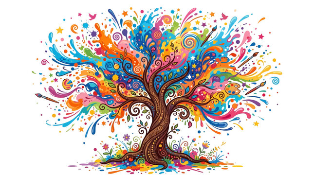 Abstract artistic tree with vibrant paint splashes and colorful swirls, creative design with paintbrushes and palette, whimsical nature illustration